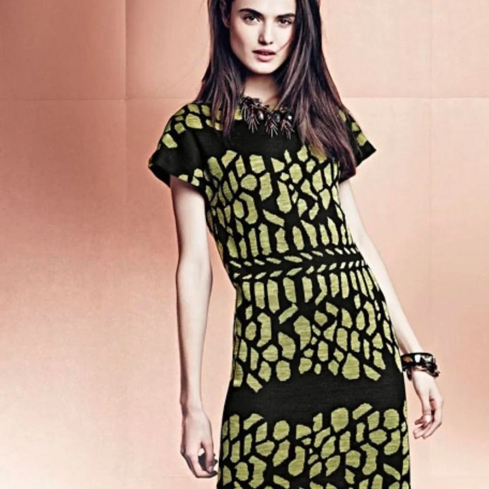 Misook Black Yellow Green Spotted Pattern Toula Cap Sleeve Graphic Dress Size L